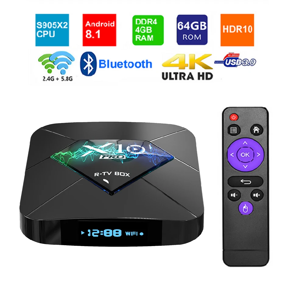 

X10 PRO Smart TV BOX Android 8.1 DDR4 4GB 32/64GB Amlogic S905X2 Quad Core 2.4G/5G Dual WIFI USB3.0 BT4.0 3D 4K HDR Media Player