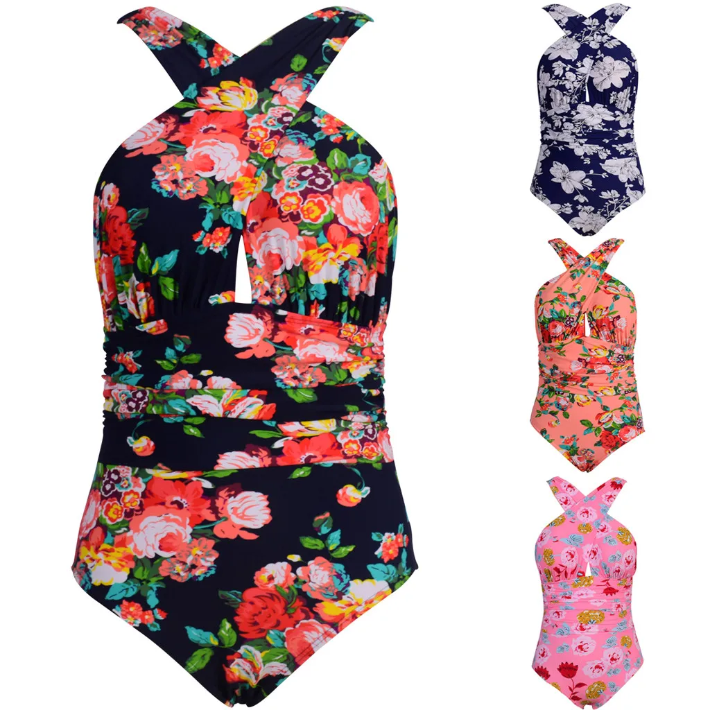 

2019 Fashion SexyWomen Padded Floral Backless Bikini Tankini High Waist One Piece Swimwear Plus Summer Swimming Suit 30