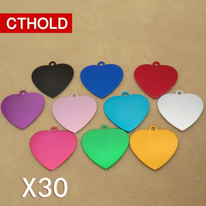 

CTHOLD 30pcs/lot Blank Love Heart shape Aluminum Pet Name ID Tag Accessories For Dogs Cats Puppy Name Phone Number Anti-lost