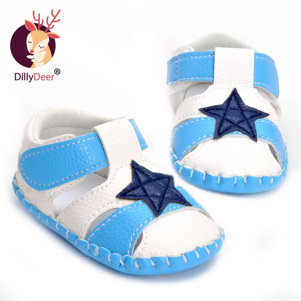 Blue Summer Baby Boy Shoes Plain Fretwork Star Prewalker Soft Sole Baby