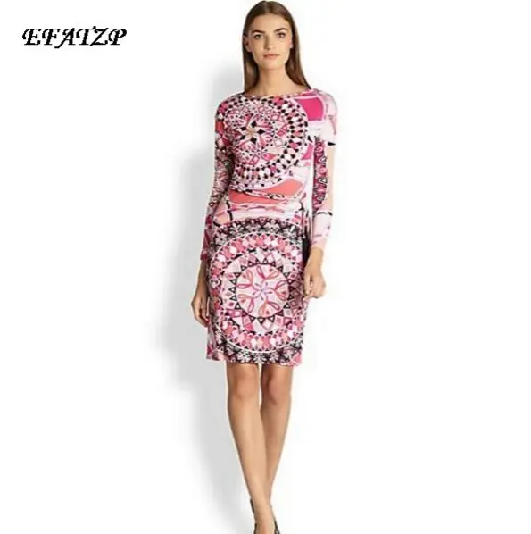 

New 2015 Luxury Brands Women's Pink Print Long Sleeves Print Plus Size XXL Stretch Jersey Silk Dress(with belt)