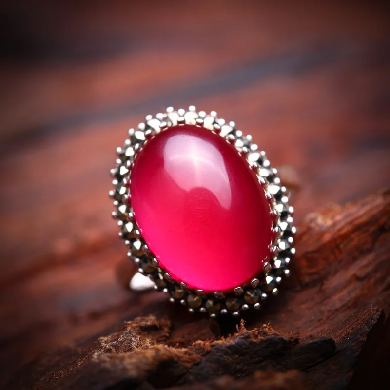 Elegant Gemstone Rings For Women Real 925 Sterling Silver Jewelry Retro Garnet Ring Anniversary Gift Adjustable Ring