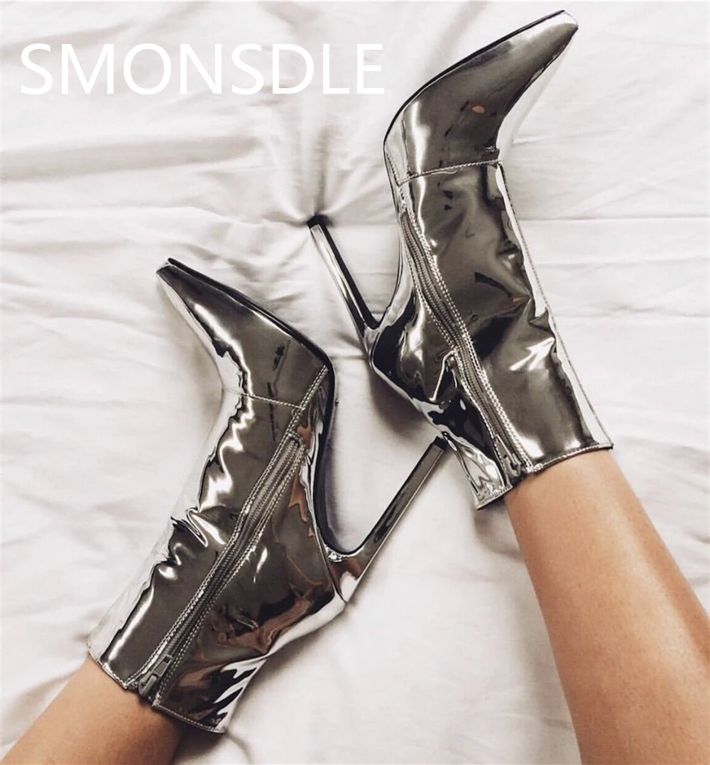 

2018 Fashion Spring Autumn Gold Silver Metallic Women Ankle Boots Pointed Toe Side Zip Thin High Heels Shoes Woman Ladies Boots