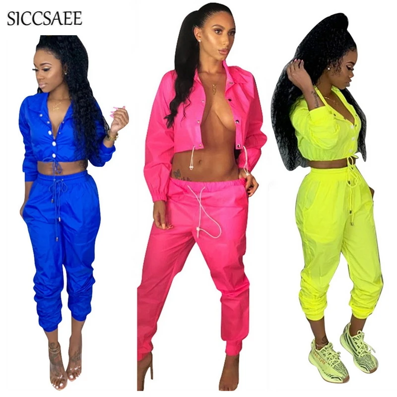 

2019 Spring Solid Two Piece Set Crop Top Ruched Turn Down Collar Button Long Pants Sweat Suit Casual Tracksuit For Women Loose