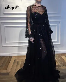 

Black Muslim Evening Dress Long Sleeves Lantern Illusion vestido de festa Islamic Dubai Saudi Arabic Evening Gown Prom Dress