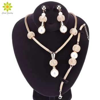 

Women Simulated Pearl Jewelry Sets Gold Color Pendant Wedding Accessories Earrings Bracelets Necklace