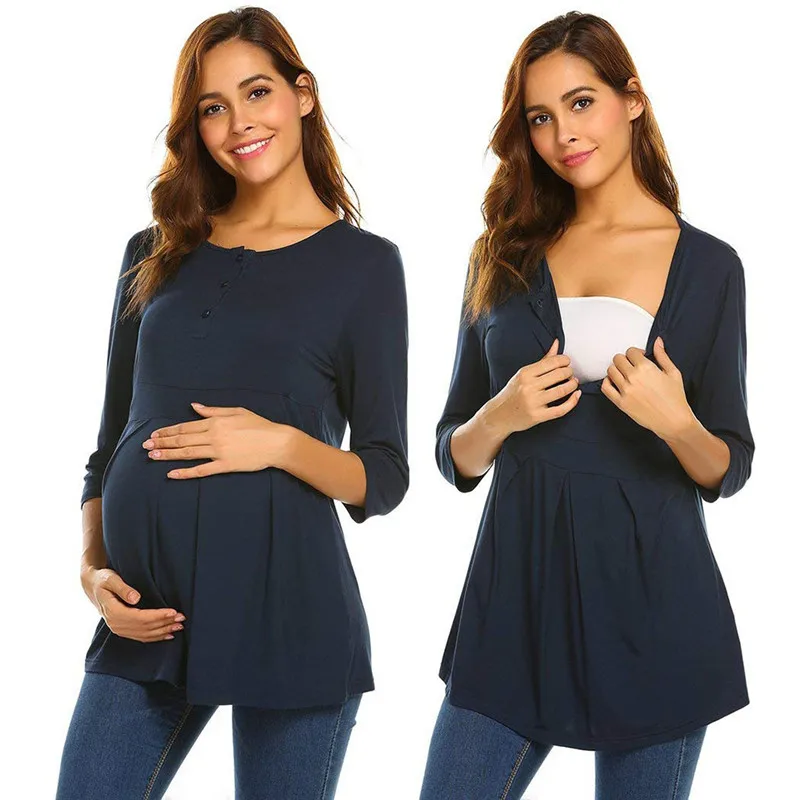 

Women's Nursing Long Sleeve Tops Women's Pregnant Solid Button Breastfeeding T-Shirt Button maternity tops pregnancy shirt