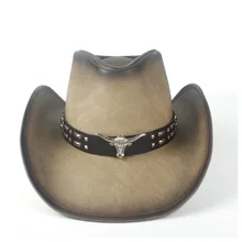 Ретро унисекс ковбойская шляпа удобная кожаная фетровая Западная коровья голова украшение ковбой Повседневная шляпа размер 58-59 см