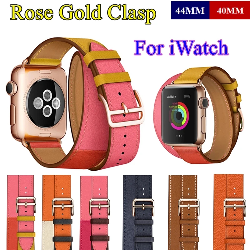 Rose Gold Buckle Strap for Apple Watch Band 38MM 42MM 44MM 42MM Swift Leather Double Tour Loop Bracelet for iWatch Series 4 3 2