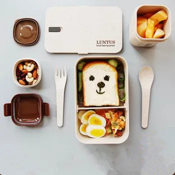 

6Pcs Valley fiber Lunch Boxes with spoon fork Microwave Food Fruit Storage food Containers 1.2L Bento soup boxing TableWare Set