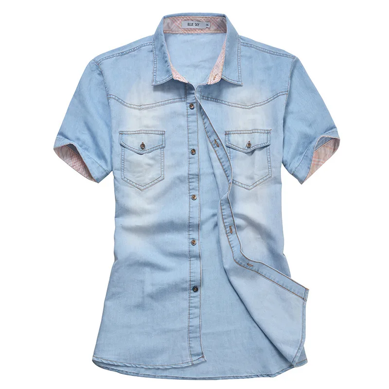 Camisas de Mezclilla de los hombres de Manga Corta Slim