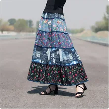 Лето-осень хлопок белье цветочный узор шить Винтаж плиссированные женские длинные юбка/Ретро женские макси юбки женские