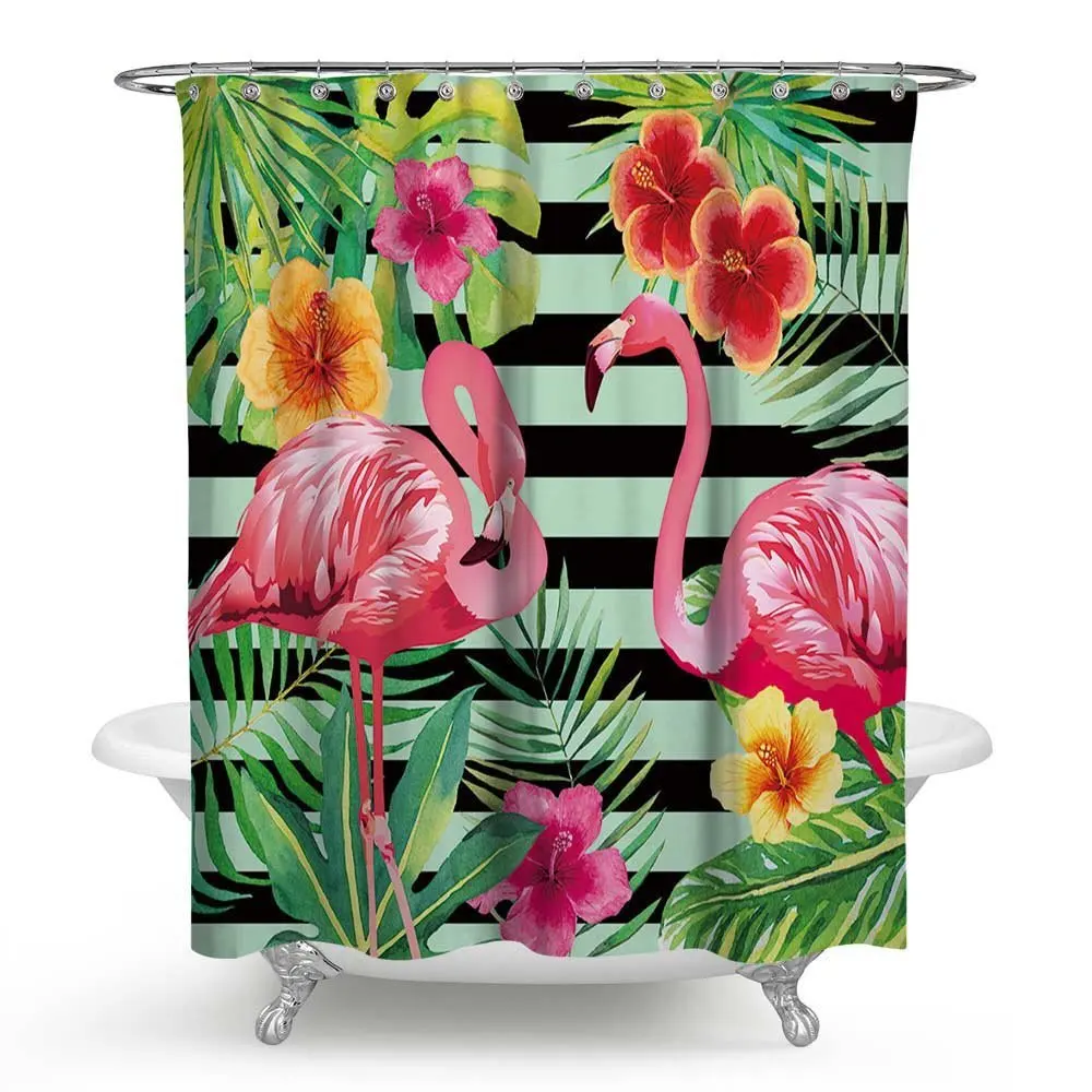 Pink Couple Flamingo Waterproof Bath Shower Curtain Tropical Green Palm