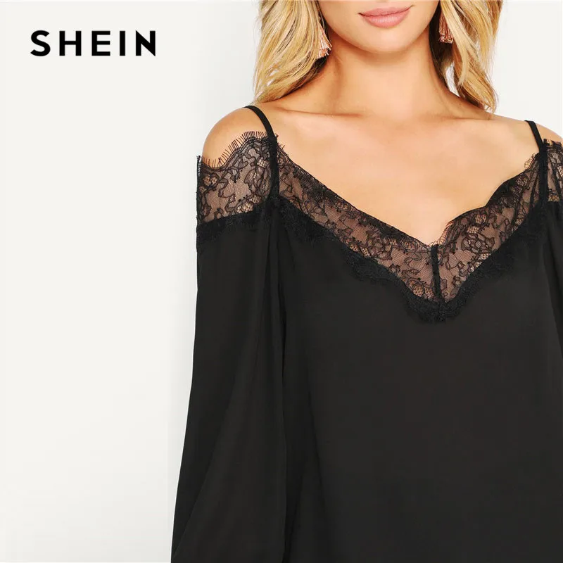 SHEIN Элегантный Топ С Открытыми Плечами И Кружевной Отделкой, Ажурный Топ С Длинными Рукавами