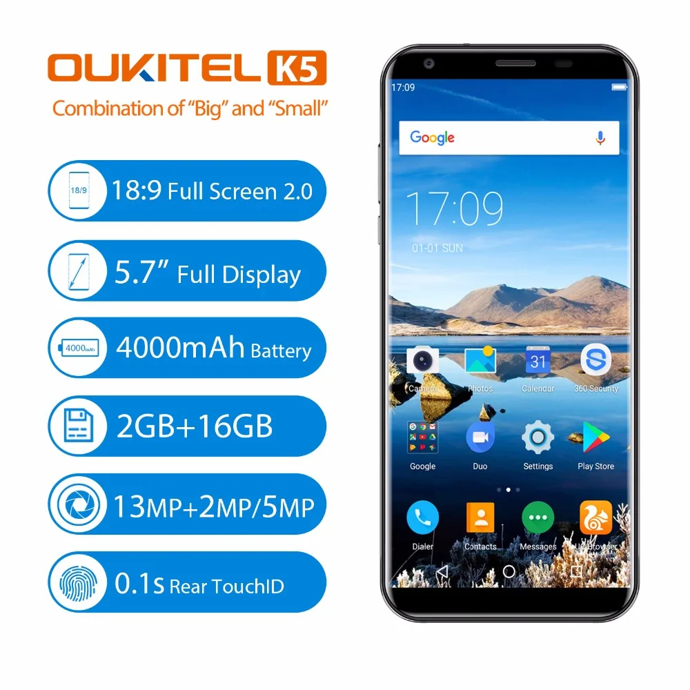 Oukitel K5 18:9 5,7 ''Android 7,0 2 ГБ Оперативная память 16 ГБ Встроенная память mtk6737t четыре ядра 8MP 3 камер 4000 мАч отпечатков пальцев мобильный телефон Pre-sale