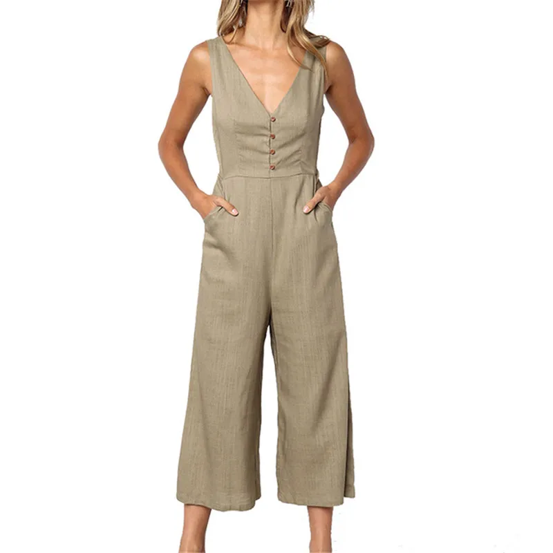 yashangyi Macacao Feminino Rompers Womens Jumpsuit 2019 V-Neck Summer Casual Button Long Pants Wide Leg Jumpsuits Femme