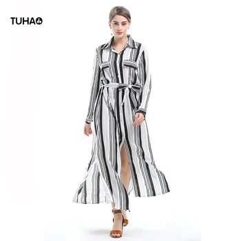 

Striped Dresses Women Pockets Front Single Breasted Long Sleeve Turn Down Collar Hem Split Shirt Dresses For Ladies T3332