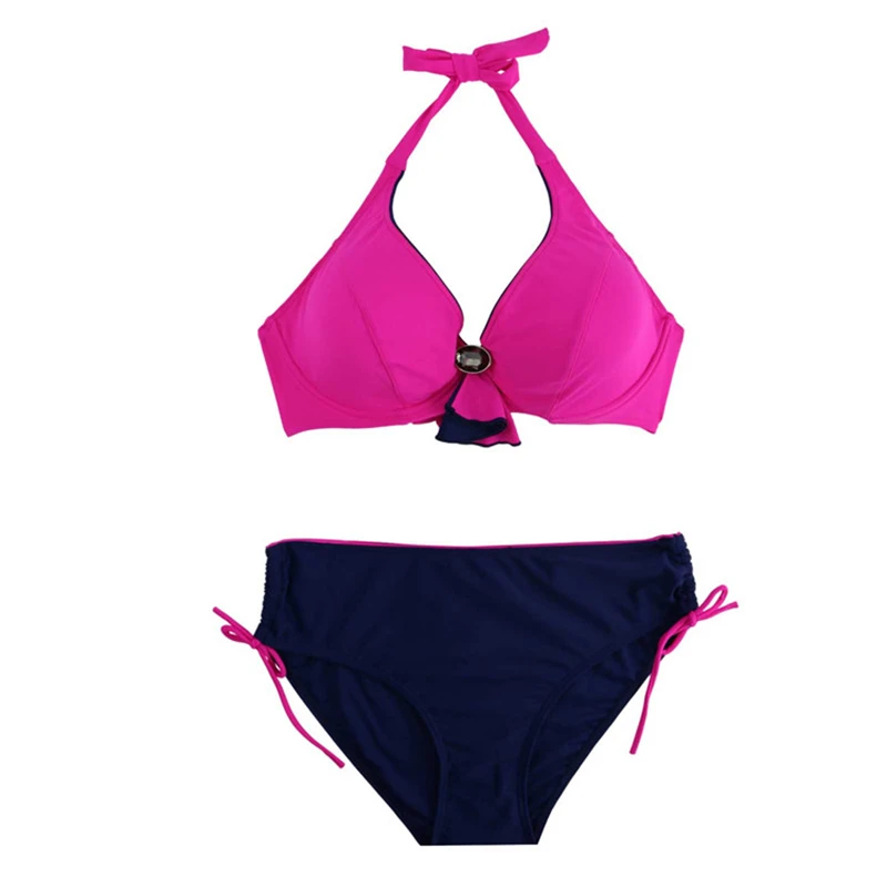 

Women Plus Size Bikini Set Wrap Halter Padded Middle Waist Swimming Suit for Women 2017 Large Size Swimwear Biquinis 3133-1