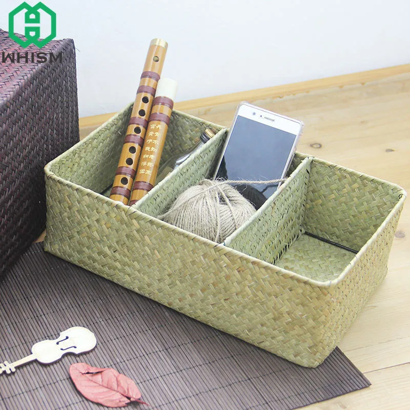 WHISM Seagrass коробка для хранения плетеная корзина из ротанга органайзер для макияжа тканый держатель для телефона ручной работы корзины для мелочей Кухонный Контейнер