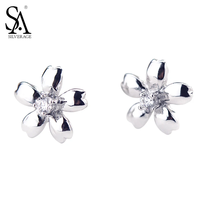 SILVERAGE 925 Sterling Silver Fine Jewelry Flower Daisy Cubic Zirconia Stud Earrings brincos Small silver jewelry earings |