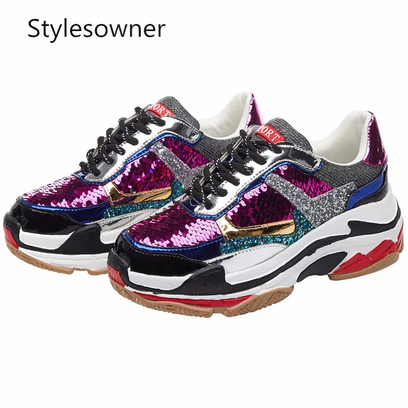 

Stylesowner Bling shining sequines Women shoes platform shoes fashion sneakers breathable Glitter travel walking shoes