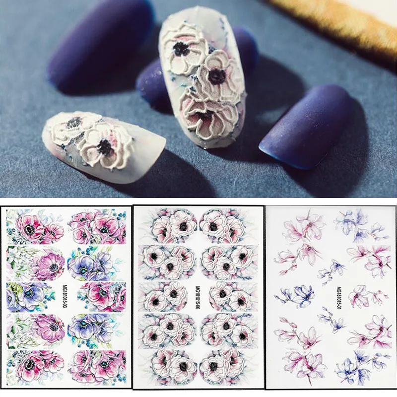 

1pc Acrylic Engraved Flower Nail Sticker Embossed Flower Nail Water Transfer Slider for Manicure Nail Art Decoration