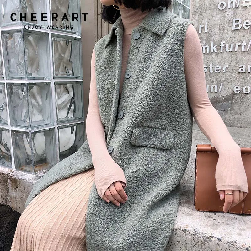 Cheerart Long Vest Winter Sherpa Jacket Women Fuzzy Fleece Vest Green Sleeveless Jacket Gilet