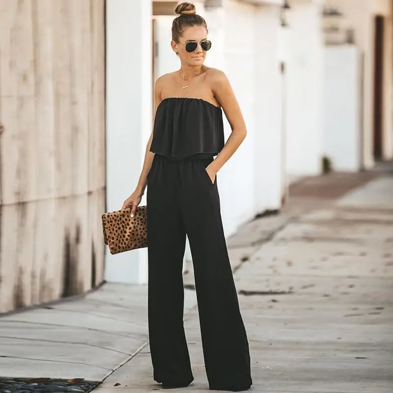 Sexy Off Shoulder Black Jumpsuit Women Ruffles High Waist Rompers Female Casual Beach Party Overalls Femme Office Lady Clothing