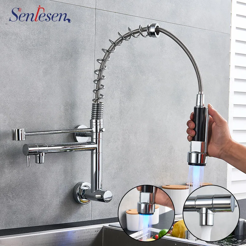 

Wholesale And Retail Chrome LED Kitchen Faucet Spring Dual Spout Swivel Vessel Sink Single Cold Wall Mount Spray Single Handle