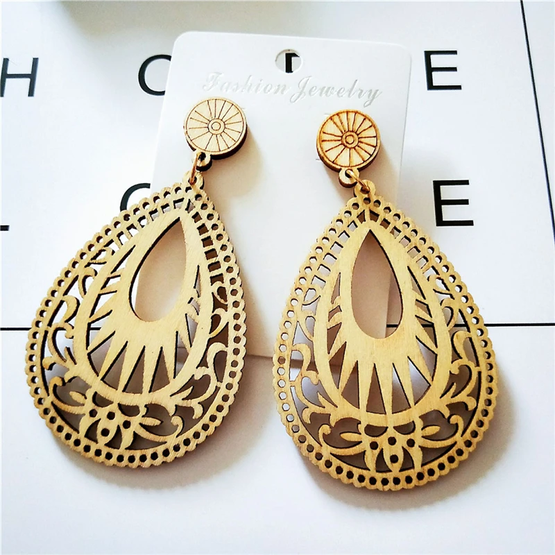 

Water Drop Wooden Earrings Hollow Laser Carved Dangle Earrings For Women Fashion Jewelry
