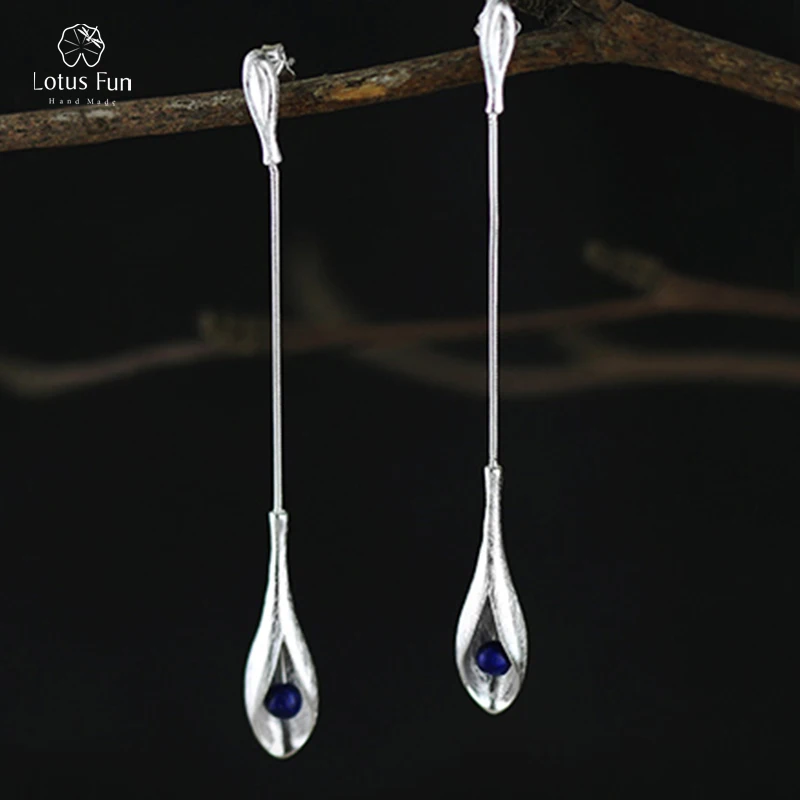 Lotus Fun Real Solid 925 Sterling Silver Drop Earrings for Women Red Coral/Blue Lapis Long Thread Dangling Earings Fine Jewelry