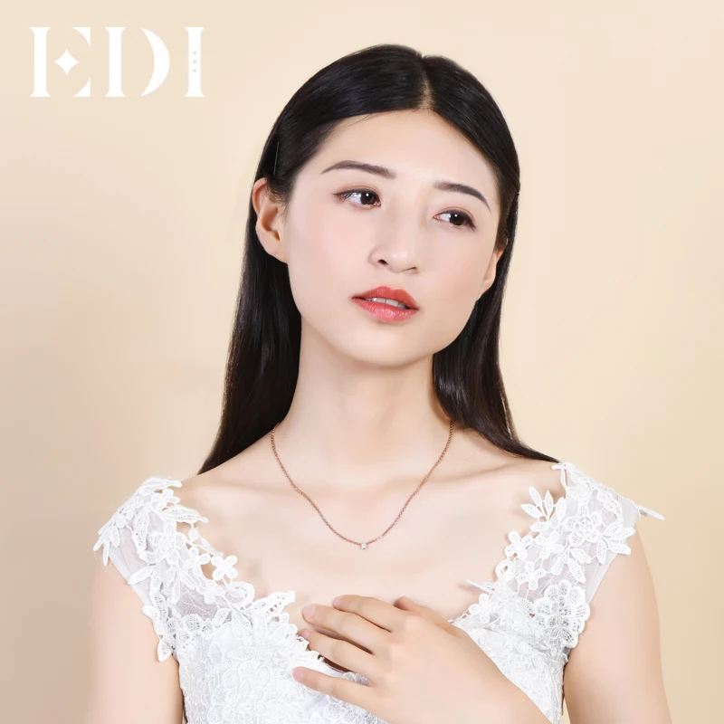 EDI Classic 0.1ct Princess Cut Natural Diamond Wedding Pendant For Women 18K Solid Rose Gold Pendant 16' Necklace Chain Jewelry
