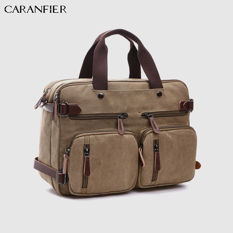 Мужской портфель CARANFIER деловая холщовая двухслойная сумка мессенджер