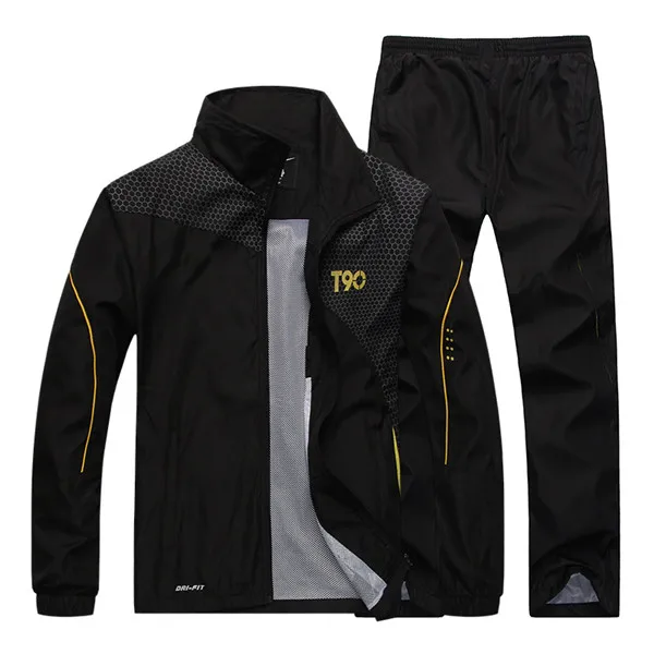 T90 спортивный костюм для мужчин весенние спортивные костюмы Повседневная куртка+ брюки спортивный костюм ветрозащитная Спортивная одежда Мужская одежда комплект из 2 предметов L-4XL - Цвет: Черный