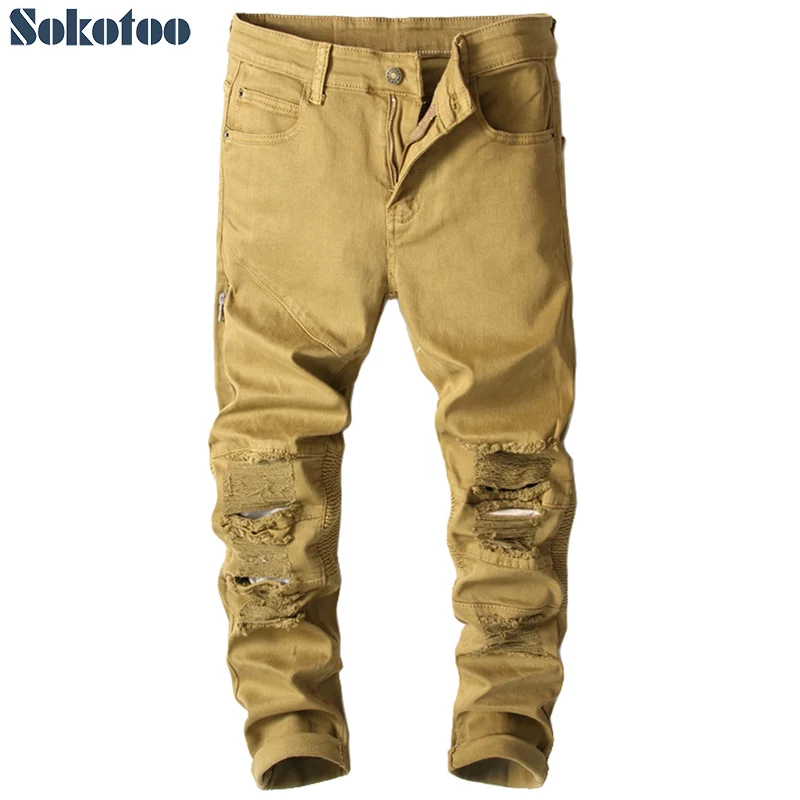 Sokotoo Men's khaki pleated holes ripped biker jeans for motorcycle