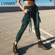 LVINMW, женские уличные эластичные брюки-карго с высокой талией, Осень-зима, модные женские брюки-Капри с карманами на шнуровке