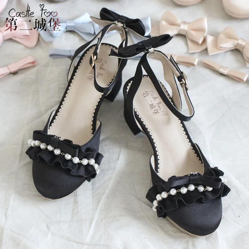 Туфли в стиле Лолиты; женские повседневные модные туфли-лодочки с пряжкой на ремешке; атласные туфли на квадратном каблуке с узлом-бабочкой; вечерние туфли принцессы - Цвет: BLACK