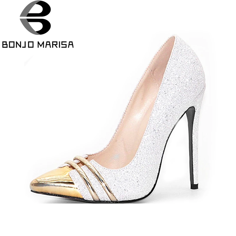 

BONJOMARISA Women's Sexy Gold Pointed Toe Thin High Heel Party Wedding Shoes Woman Shinng Glitter Upper Pumps Big Size 34-43