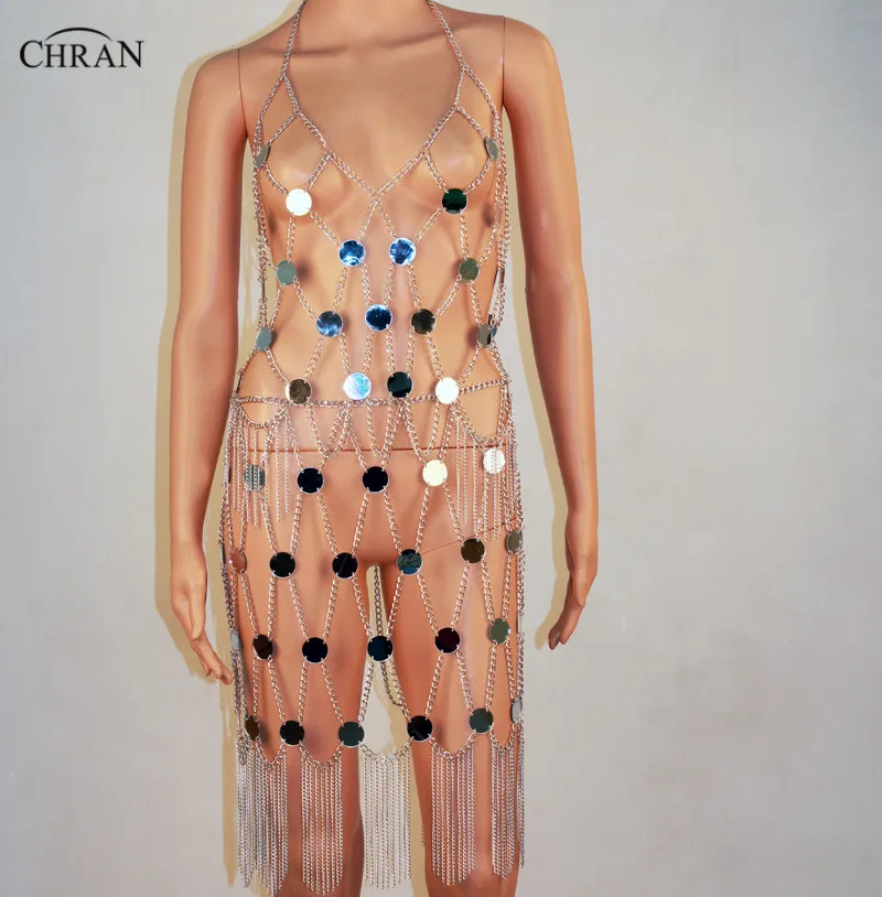 Chran 2 pieces Mirror Neklace Disco Bandeau Bralette Crop Top + Sexy Metallic Chain Skirt Bikini Swimwear Party Jewelry CRM205 Chran 2 pieces Mirror Neklace Disco Bandeau Bralette Crop Top + Sexy Metallic Chain Skirt Bikini Swimwear Party Jewelry CRM205