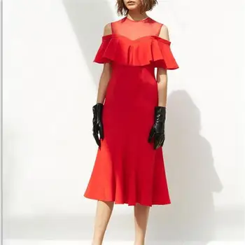 

Women Runway Dress 2019 High Quality Summer O-Neck Off Shoulder Patchwork Elegatn Mermaid Dress Casual Dress NP0275CK