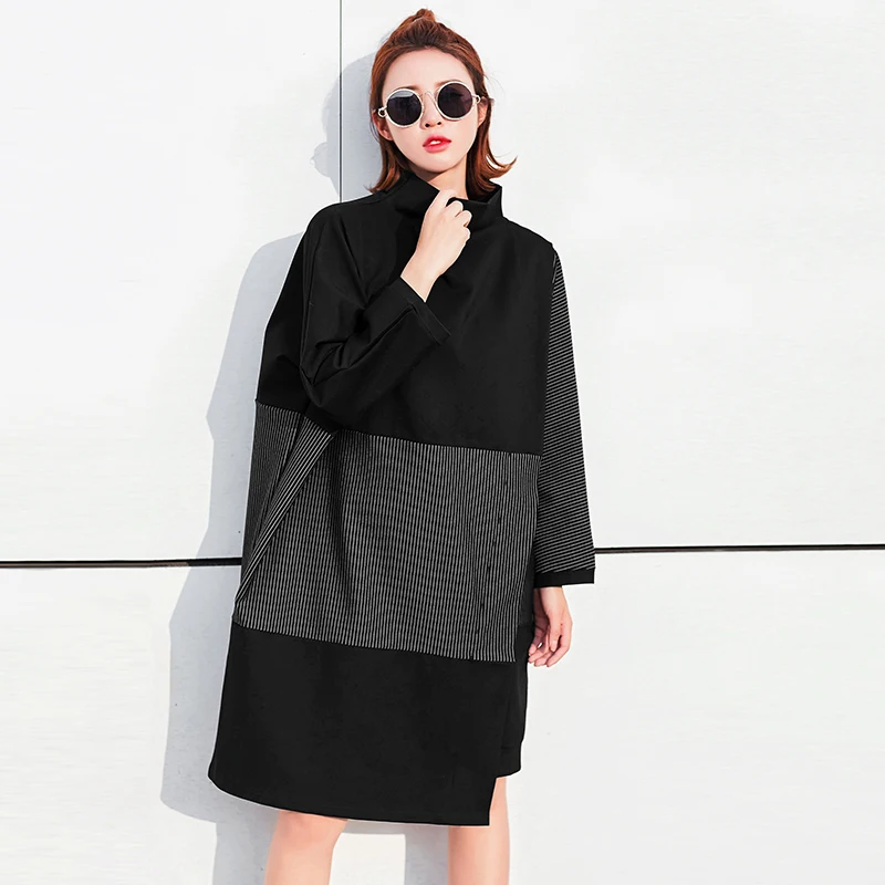 Vefadisa 2017 Autumn Winter New Stripe Patchwork Fake Two Dress Large Size Europe Turtleneck Loose Ruffles Dresses Women's Q312 | Женская