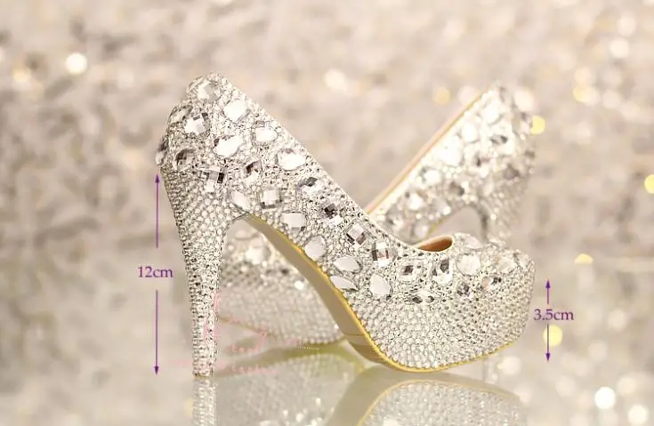 2016 Fashion silver rhinestone Party Prom pumps Bridal Dress shoes woman platforms  Wedding shoes women high heels crystal shoes