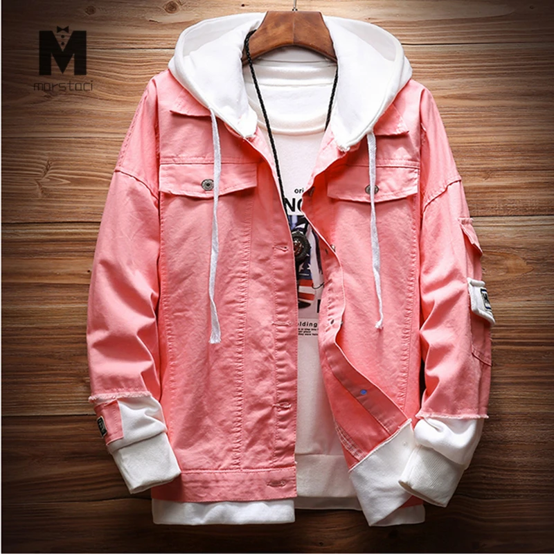 Ceny Mężczyźni kobiety 2019 nowa wiosna fałszywe dwa kawałki szwy różowy zgrywanie z kapturem kurtka dżinsowa Hip Hop Swag luźne otwory płaszcze casualowe