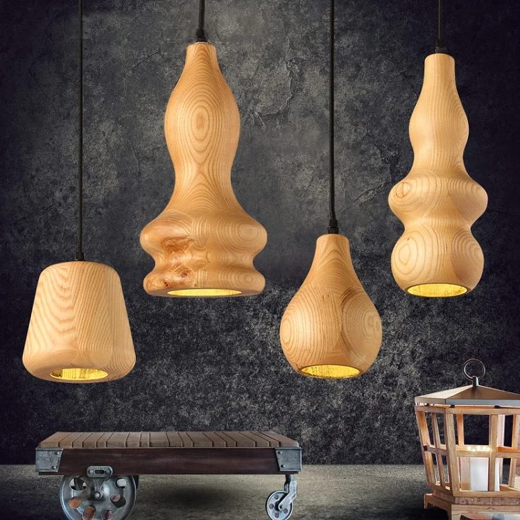 

Oak Wood Gourd Pendant Light Fixture Modern Rustic Japanese Korean Nordic Hanging Ceiling Lamp Luminaria Bar Dining Table Room