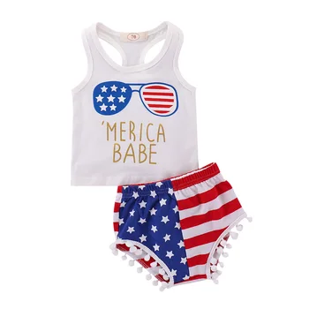 

0-3 New Fashion 2pcs Toddler Baby Boys Girls Clothes 4Th Of July American Flag Sleeveless T-Shirt + Tassel Shorts Outfits Set