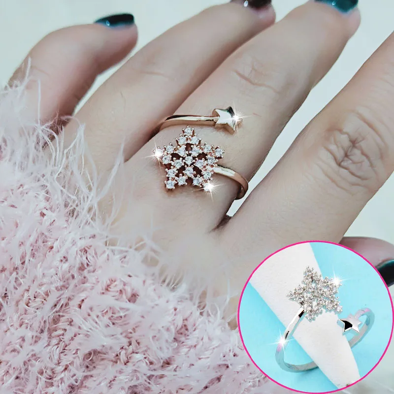 

SINLEERY Elegant Micro Pave Crystal Star Snowflake Midi Rings Adjustable Size Rose Gold Silver Color Women Girls Ring JZ626 SSH