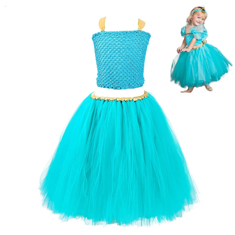 

Blue Solid Aladdin Jasmine Princess Girls Dress Tutu Teenage Sexy Aladdin Costume for Girls O-neck Christmas Party Dress Vestido