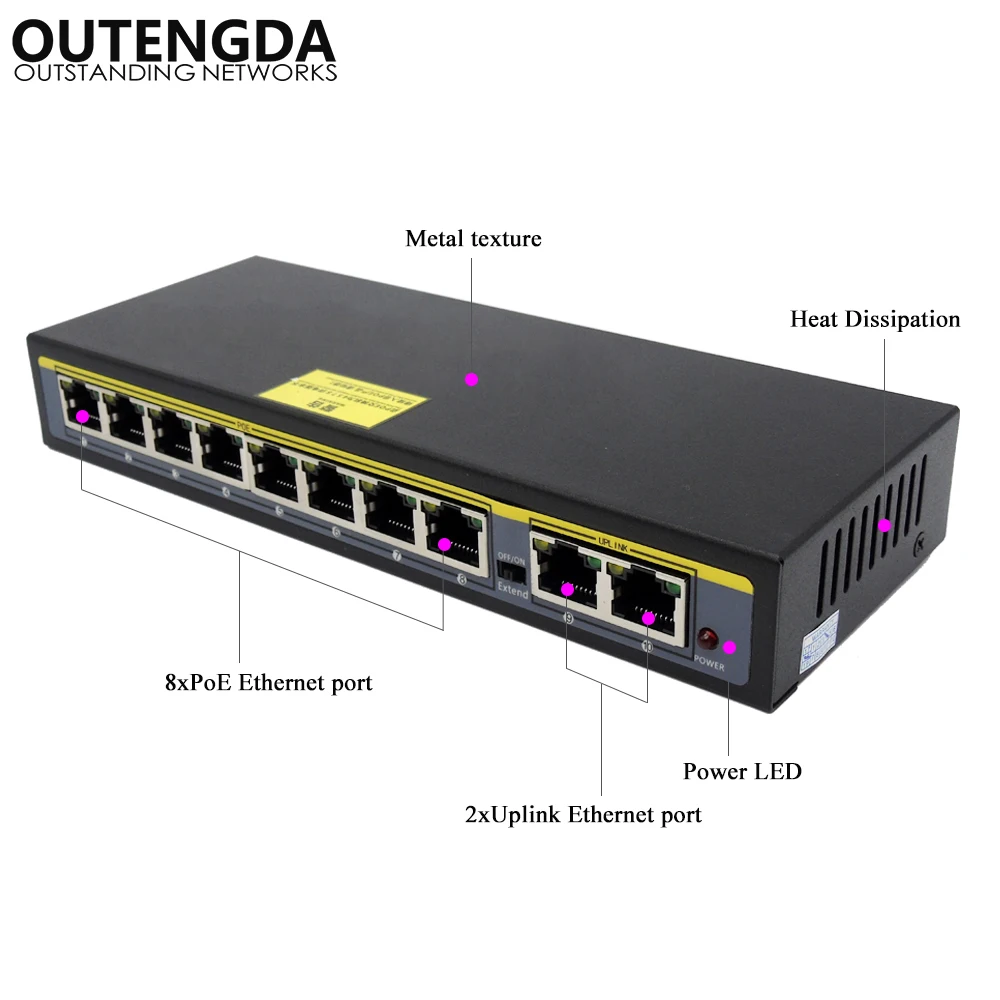 8 + 2 порта PoE коммутатор 10/100 Мбит/с питание через Ethernet инжектор переключатель с