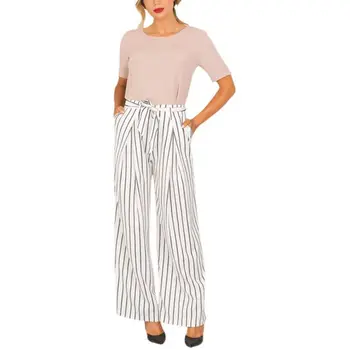 

Women High Waist Black White Striped Wide Leg Pants with Sashes Spring Summer Loose Casual Full length Chiffon Trousers