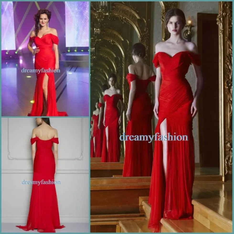 Vestidos de Sexy Off Shoulder Ruffles Pleat Chiffon Side Split Prom Dresses Tumblr 2014 Formal Red Evening Dresses|dresses brand|dress gracedress up plain dress - AliExpress